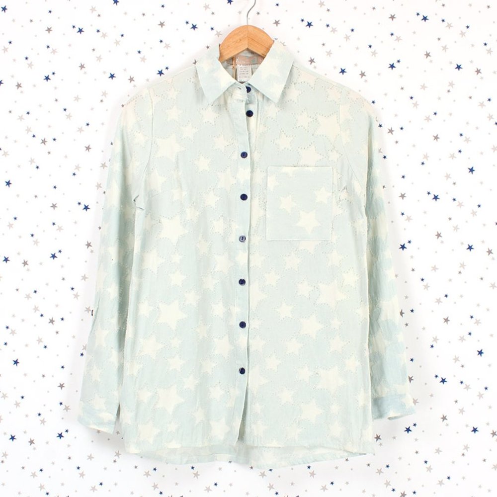 Star Pattern Distressed Button Up Denim Shirt